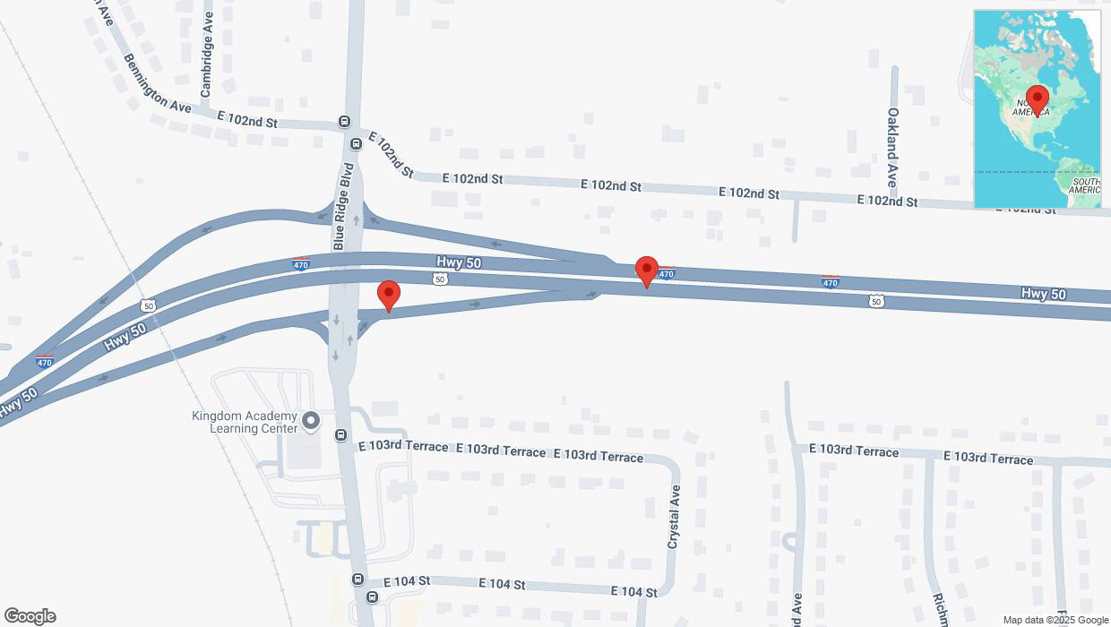 A detailed map that shows the affected road due to 'Broken down vehicle on Blue Ridge Boulevard in Kansas City' on February 1st at 6:45 p.m.