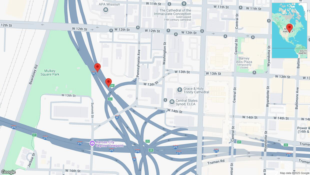 A detailed map that shows the affected road due to 'Broken down vehicle on northbound I-35 in Kansas City' on February 1st at 7:53 p.m.