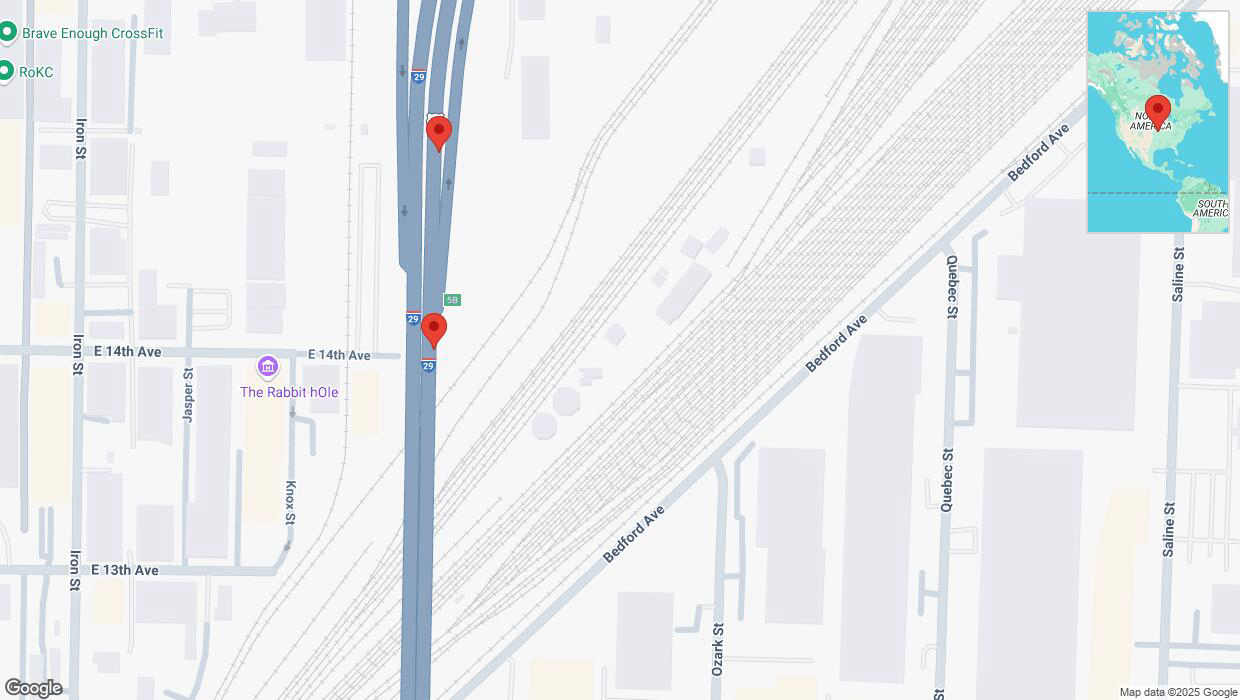A detailed map that shows the affected road due to 'Broken down vehicle on northbound I-29/I-35 in North Kansas City' on February 2nd at 4:58 p.m.