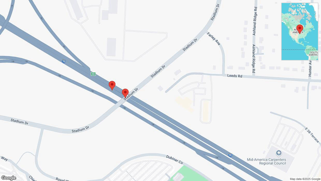A detailed map that shows the affected road due to 'Broken down vehicle on eastbound I-70 in Kansas City' on February 2nd at 5:09 p.m.
