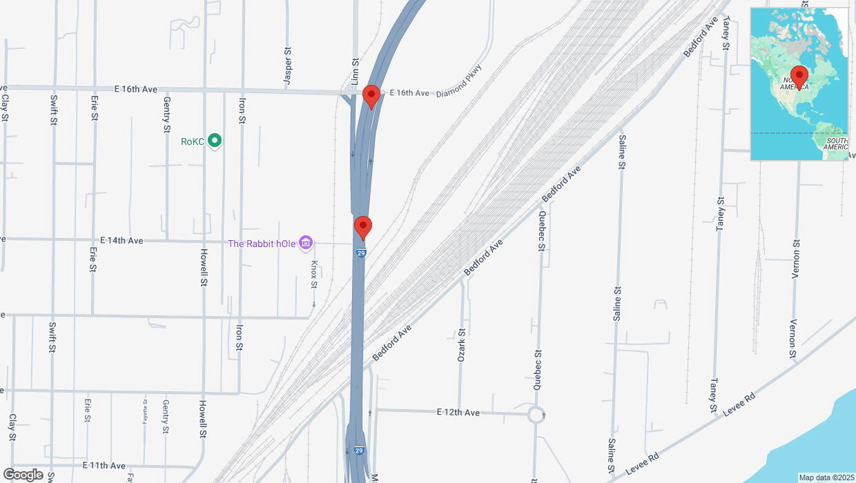 A detailed map that shows the affected road due to 'Broken down vehicle on northbound I-29/I-35 in North Kansas City' on February 2nd at 5:03 p.m.