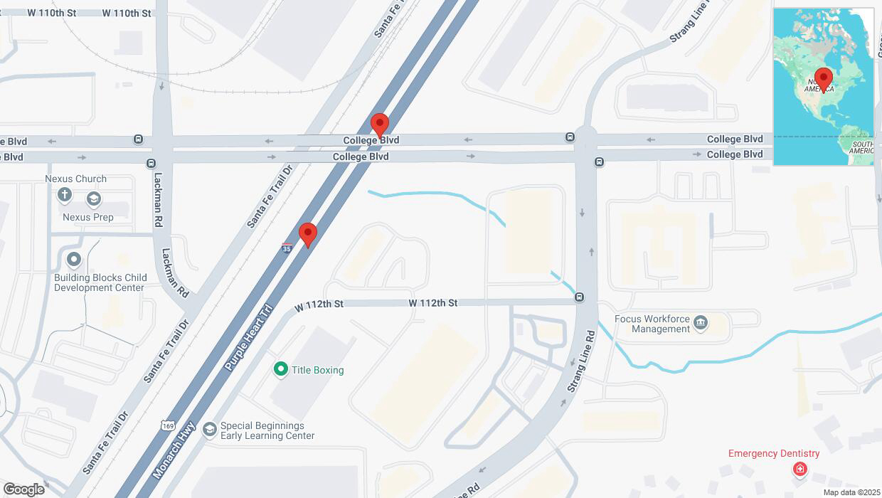 A detailed map that shows the affected road due to 'Broken down vehicle on eastbound I-35 in Lenexa' on February 2nd at 5:55 p.m.