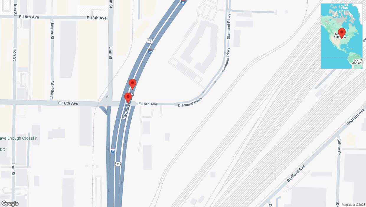 A detailed map that shows the affected road due to 'Broken down vehicle on northbound I-29/I-35 in Kansas City' on February 2nd at 5:43 p.m.
