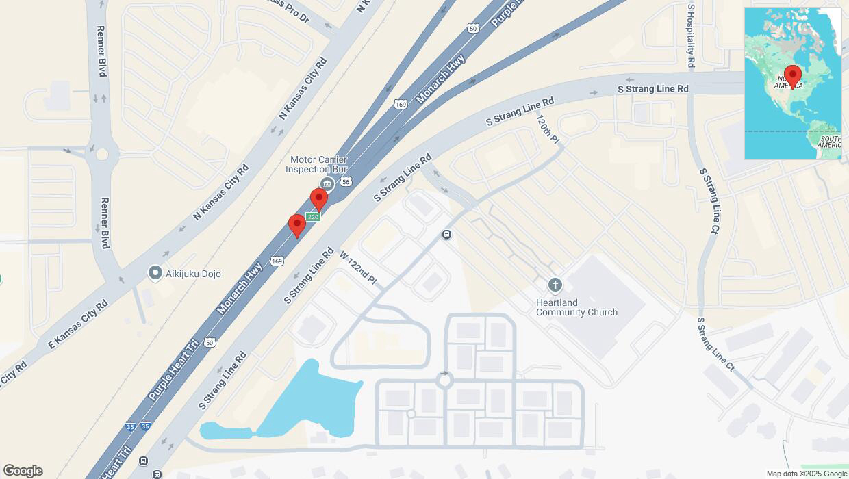 A detailed map that shows the affected road due to 'Broken down vehicle on eastbound I-35 in Olathe' on February 2nd at 7:55 p.m.