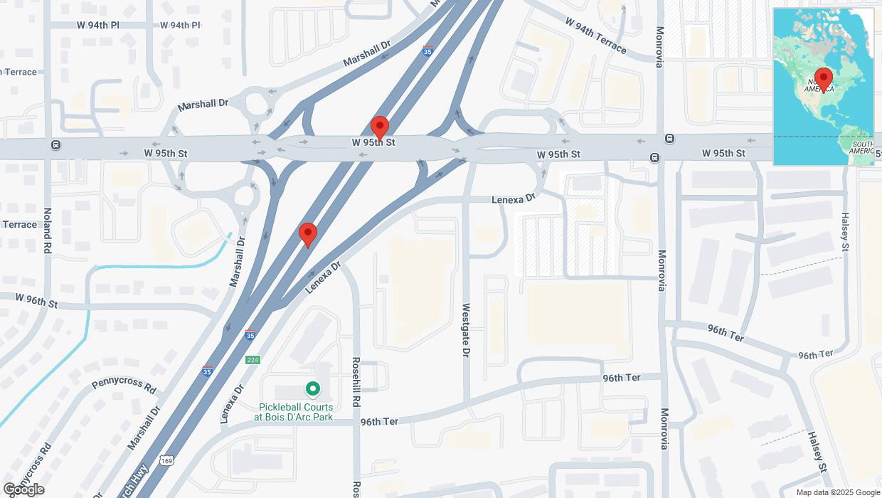 A detailed map that shows the affected road due to 'Broken down vehicle on eastbound I-35 in Lenexa' on February 3rd at 3:28 p.m.