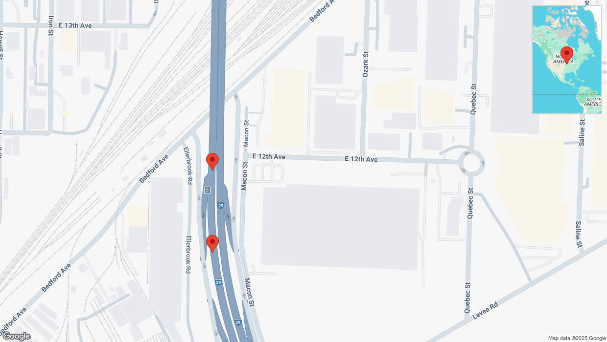 A detailed map that shows the affected road due to 'Broken down vehicle on southbound I-29/I-35 in North Kansas City' on February 3rd at 3:51 p.m.