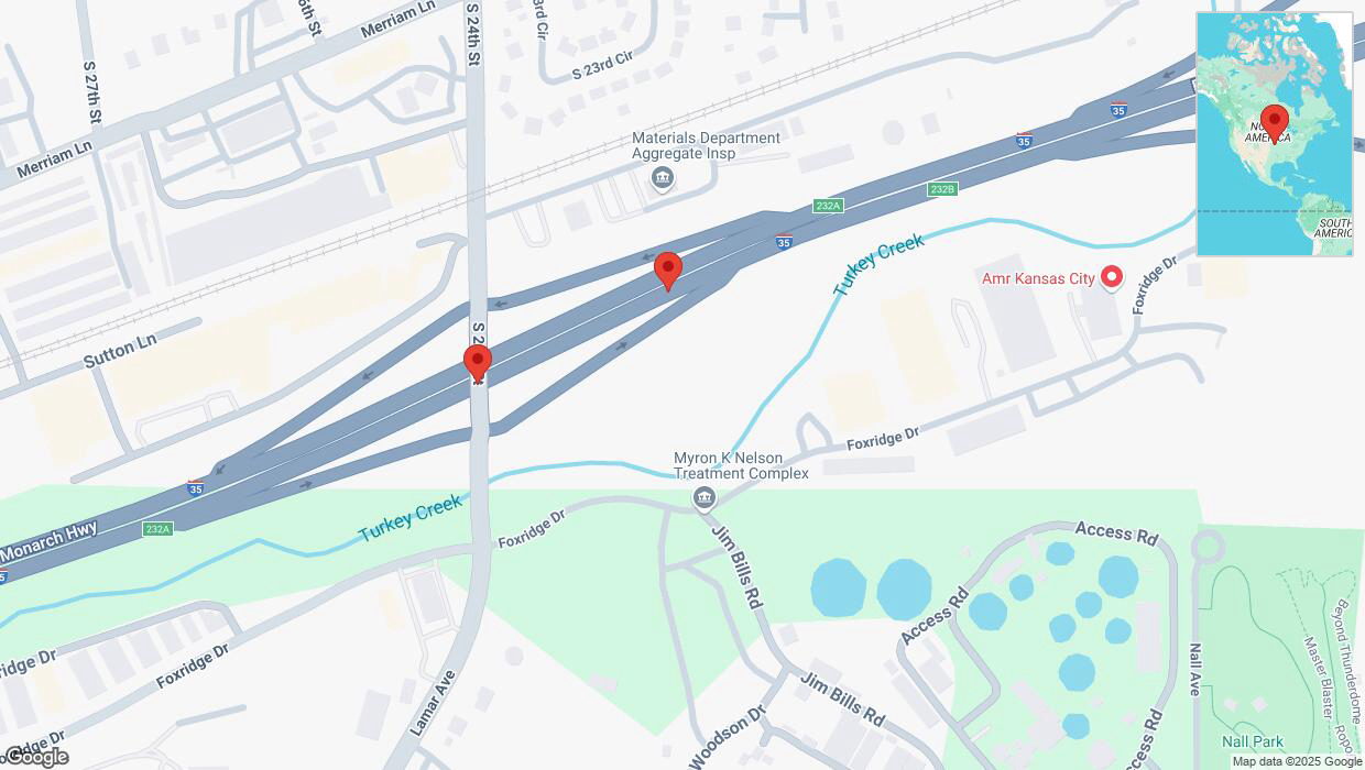 A detailed map that shows the affected road due to 'Warning: Crash on northbound I-35 in Kansas City' on February 3rd at 4:37 p.m.