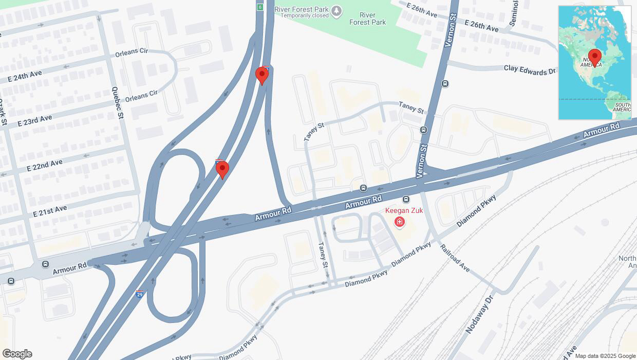 A detailed map that shows the affected road due to 'Broken down vehicle on northbound I-29/I-35 in North Kansas City' on February 3rd at 6:03 p.m.