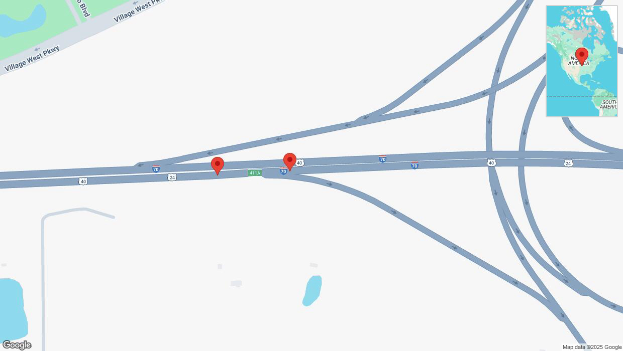 A detailed map that shows the affected road due to 'Broken down vehicle on eastbound I-70 in Edwardsville' on February 3rd at 7:26 p.m.
