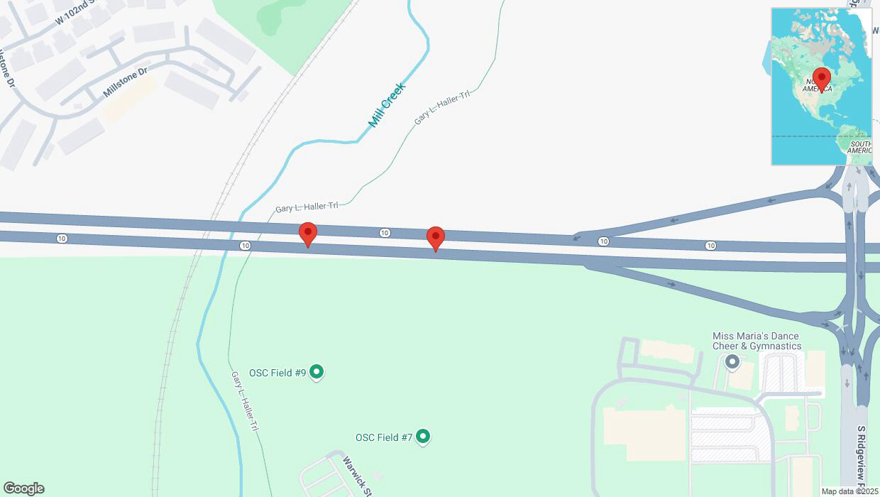 A detailed map that shows the affected road due to 'Broken down vehicle on eastbound K-10 in Lenexa' on February 3rd at 7:51 p.m.
