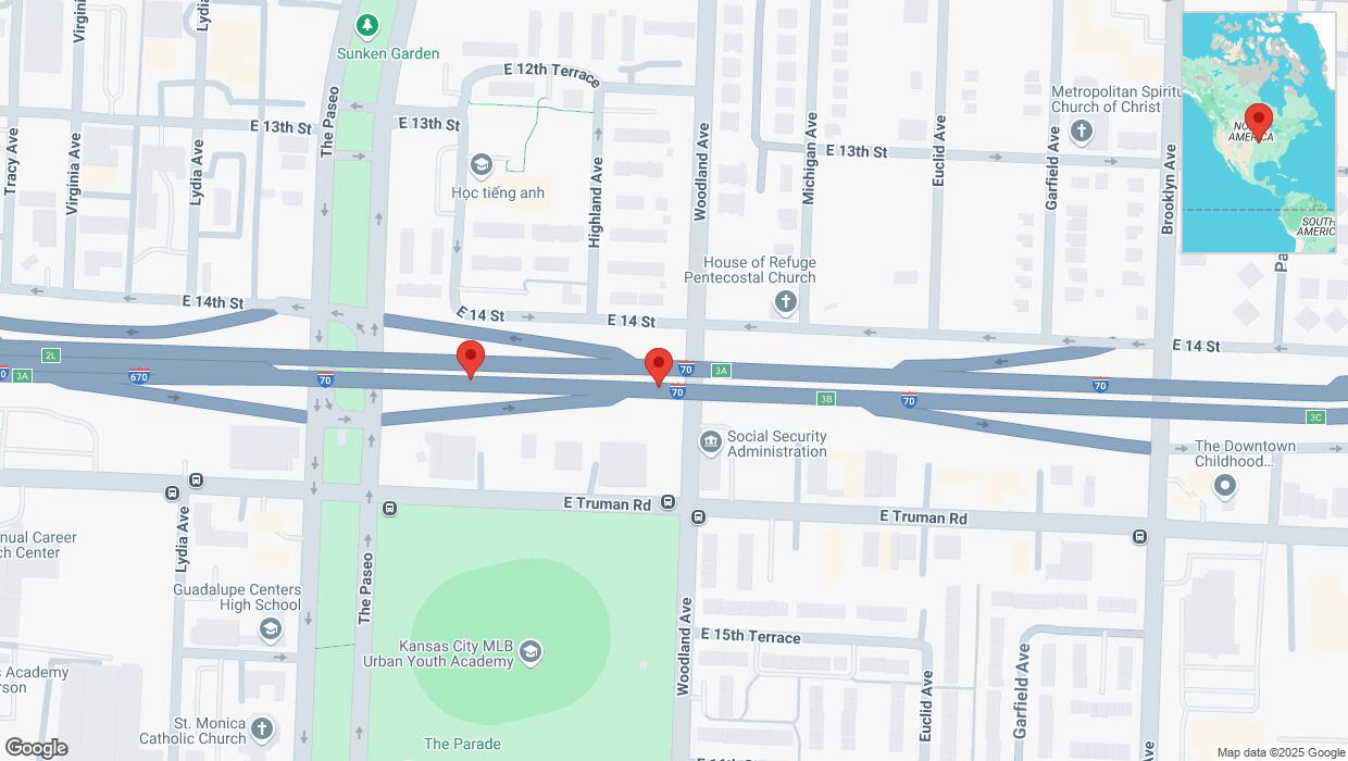 A detailed map that shows the affected road due to 'Broken down vehicle on eastbound I-70 in Kansas City' on February 3rd at 9:26 p.m.