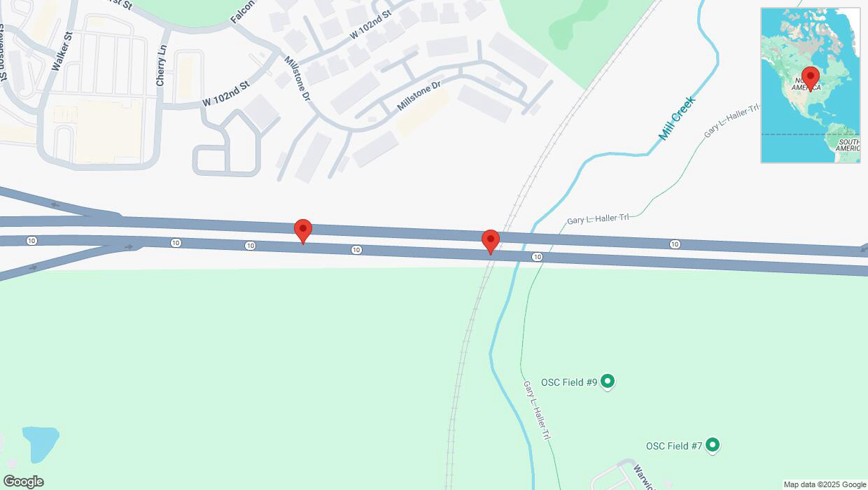 A detailed map that shows the affected road due to 'Broken down vehicle on eastbound K-10 in Lenexa' on February 4th at 10:11 a.m.