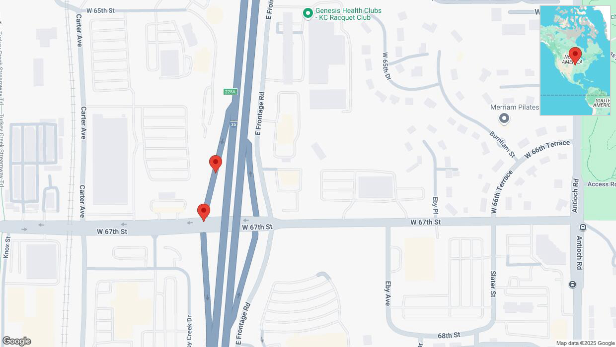 A detailed map that shows the affected road due to 'Broken down vehicle on West 67th Street in Merriam' on February 4th at 2:54 p.m.