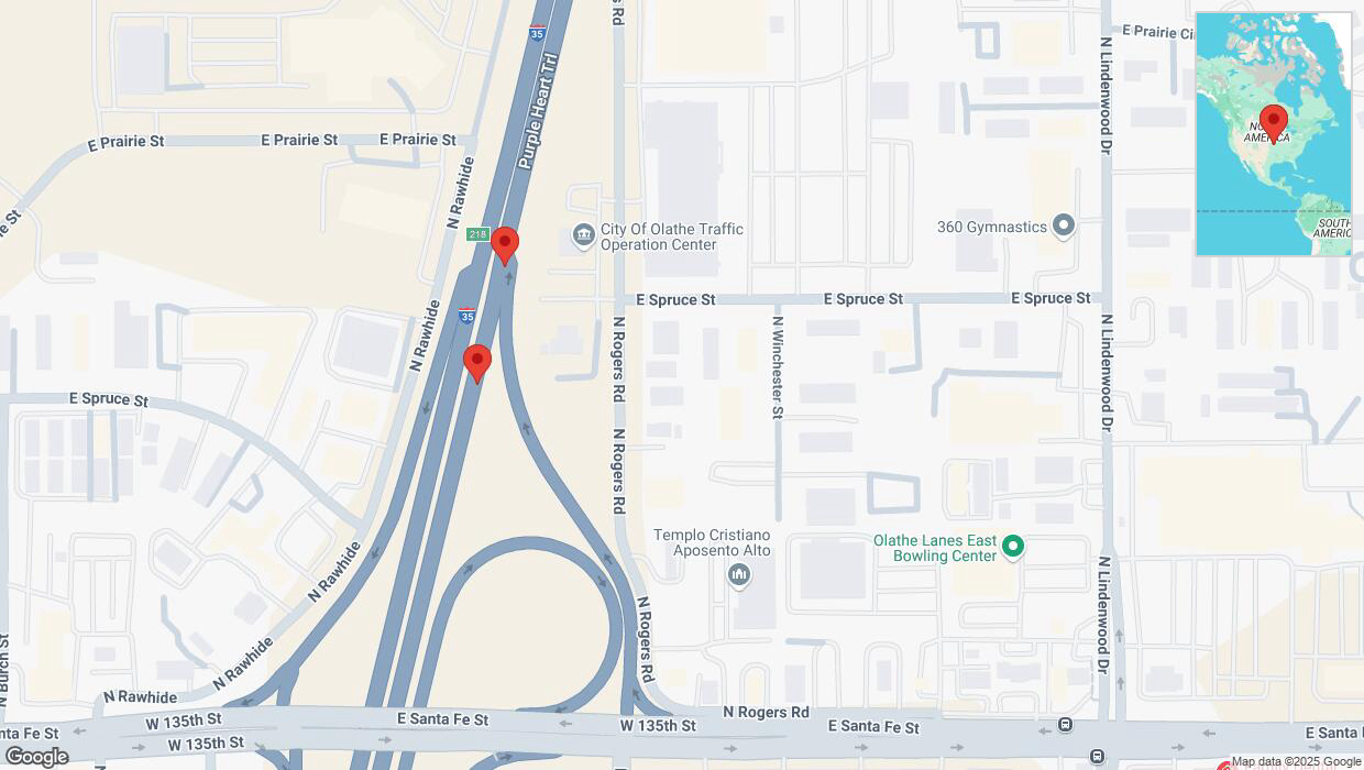 A detailed map that shows the affected road due to 'Broken down vehicle on eastbound I-35 in Olathe' on February 4th at 4:54 p.m.