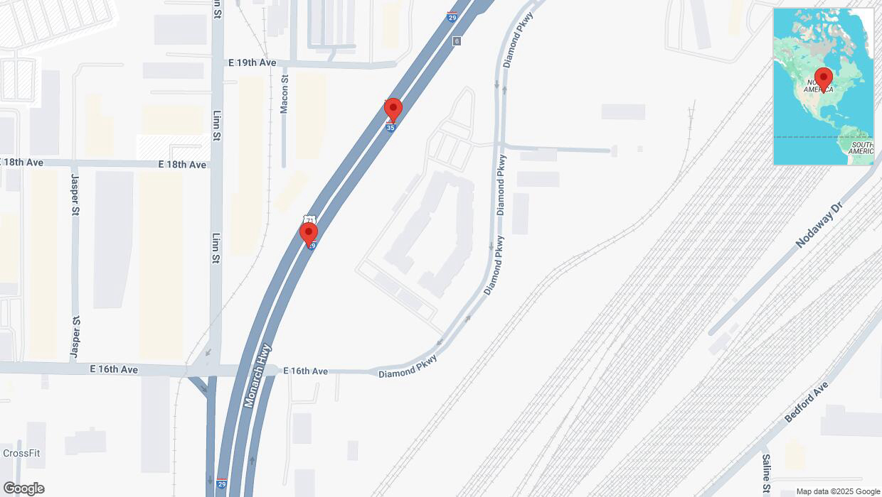 A detailed map that shows the affected road due to 'Warning in North Kansas City: Crash reported on northbound I-29/I-35' on February 4th at 4:43 p.m.
