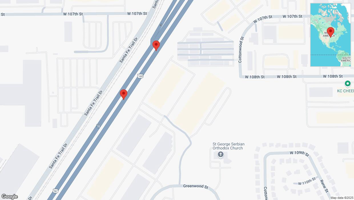 A detailed map that shows the affected road due to 'Broken down vehicle on eastbound I-35 in Lenexa' on February 5th at 5:03 p.m.
