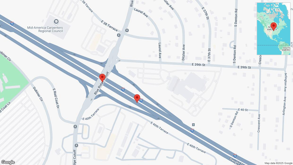 A detailed map that shows the affected road due to 'Warning in Kansas City: Crash reported on eastbound I-70' on February 4th at 9:36 p.m.