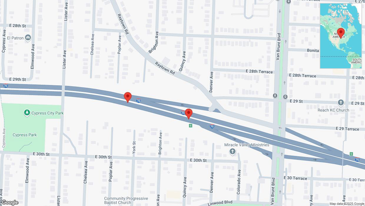 A detailed map that shows the affected road due to 'Broken down vehicle on eastbound I-70 in Kansas City' on February 5th at 6:24 p.m.