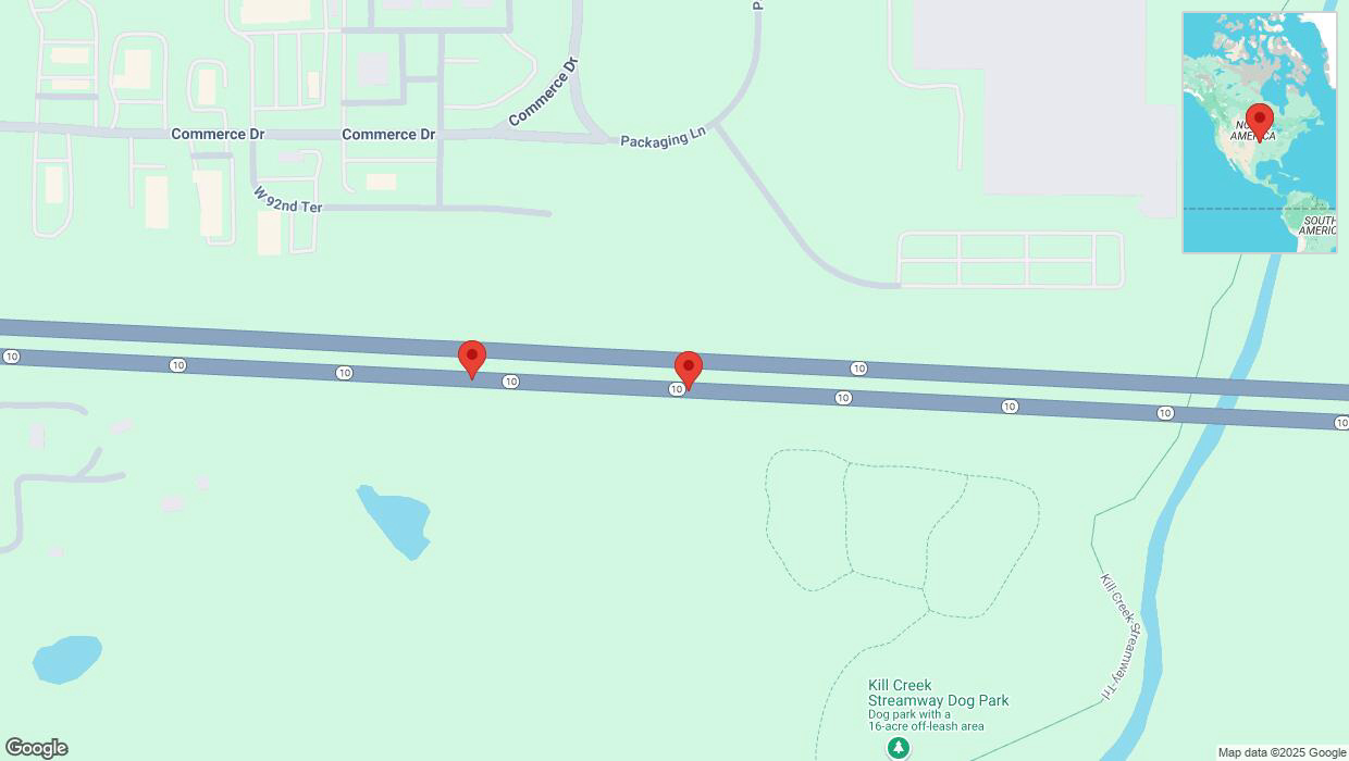 A detailed map that shows the affected road due to 'Broken down vehicle on eastbound K-10 in De Soto' on February 5th at 1:39 p.m.