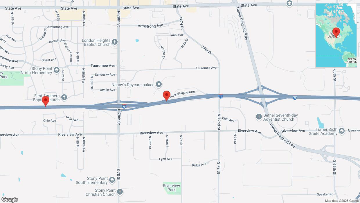 A detailed map that shows the affected road due to 'Warning: Crash on westbound I-70 in Kansas City' on February 5th at 3:26 p.m.