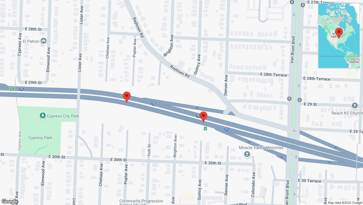 A detailed map that shows the affected road due to 'Broken down vehicle on eastbound I-70 in Kansas City' on February 5th at 6:18 p.m.