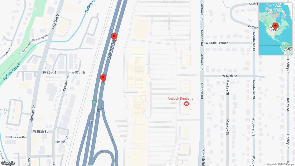 A detailed map that shows the affected road due to 'Broken down vehicle on northbound I-35 in Shawnee' on February 5th at 7:55 p.m.