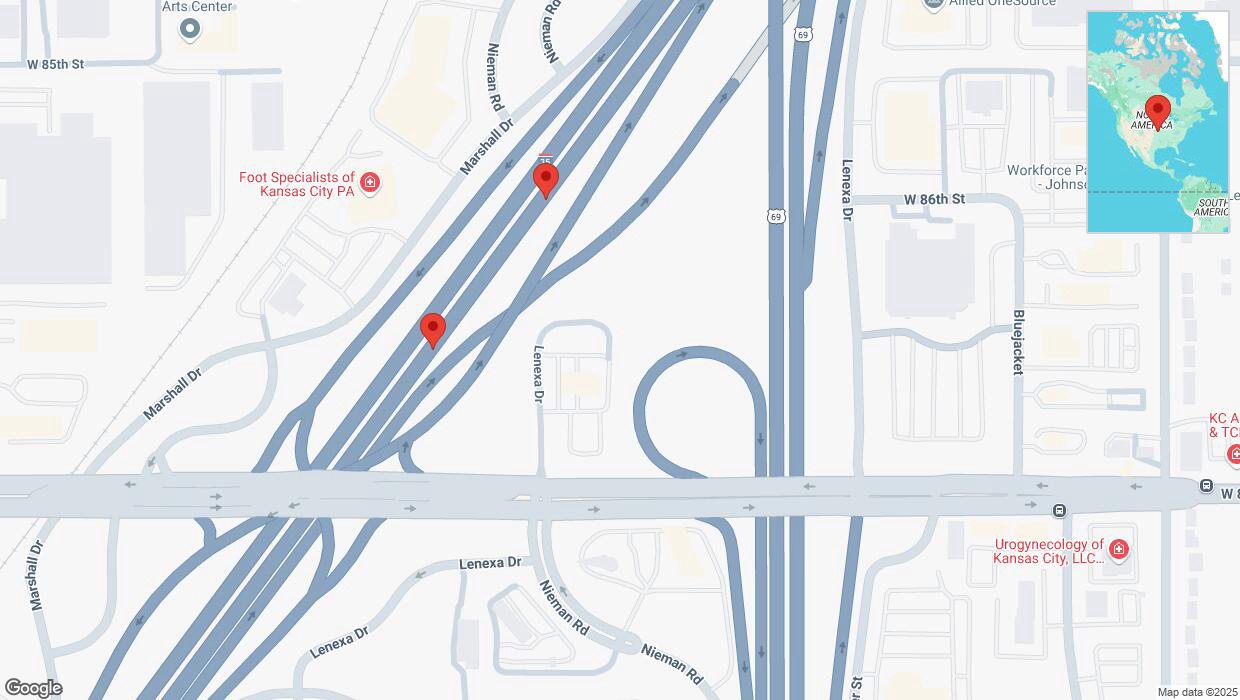 A detailed map that shows the affected road due to 'Broken down vehicle on eastbound I-35 in Lenexa' on February 6th at 12:11 p.m.