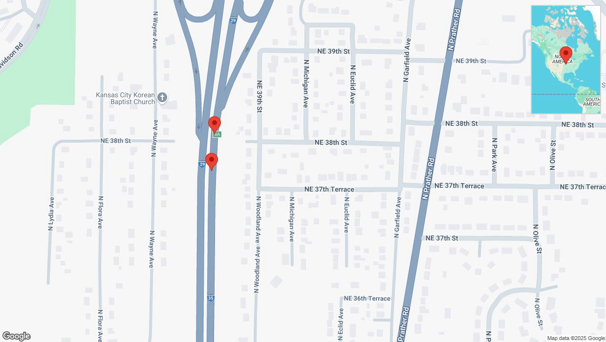 A detailed map that shows the affected road due to 'Broken down vehicle on northbound I-29/I-35 in Kansas City' on February 6th at 12:11 p.m.