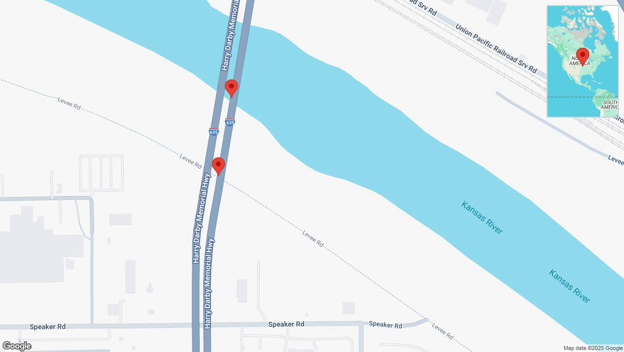 A detailed map that shows the affected road due to 'Broken down vehicle on northbound I-635 in Kansas City' on February 6th at 3:58 p.m.
