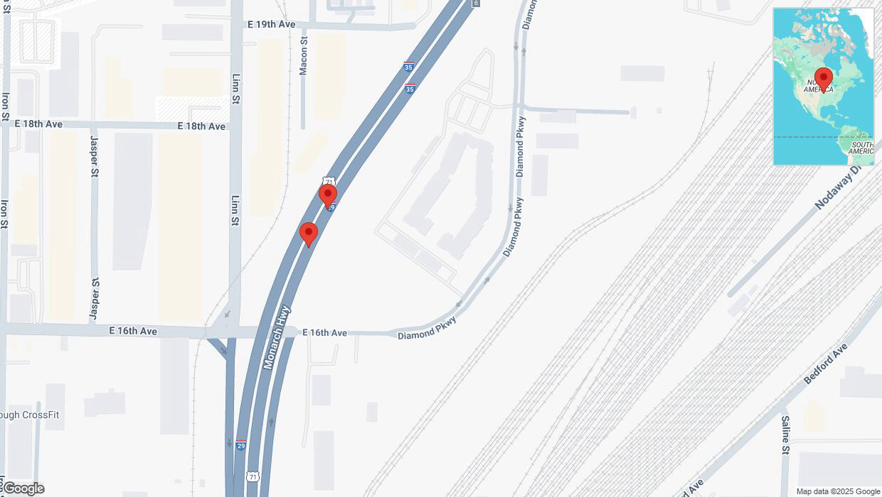 A detailed map that shows the affected road due to 'Broken down vehicle on northbound I-29/I-35 in Kansas City' on February 6th at 5:11 p.m.