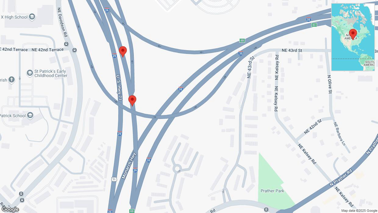 A detailed map that shows the affected road due to 'Broken down vehicle on northbound I-29 in Kansas City' on February 6th at 10:59 p.m.
