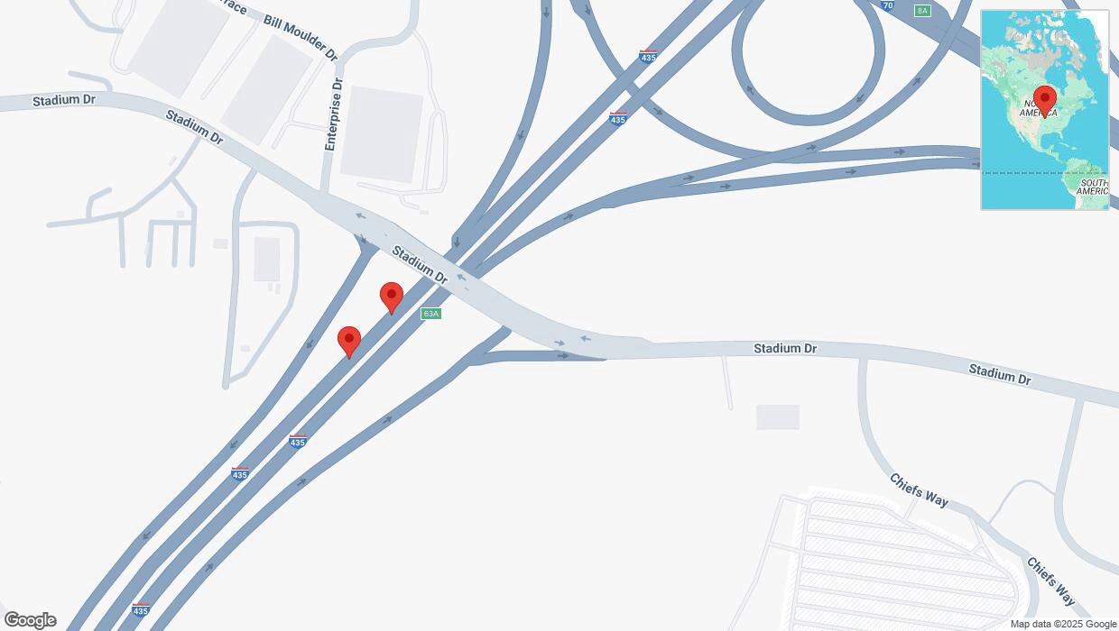 A detailed map that shows the affected road due to 'Broken down vehicle on southbound I-435 in Kansas City' on February 6th at 11:55 p.m.
