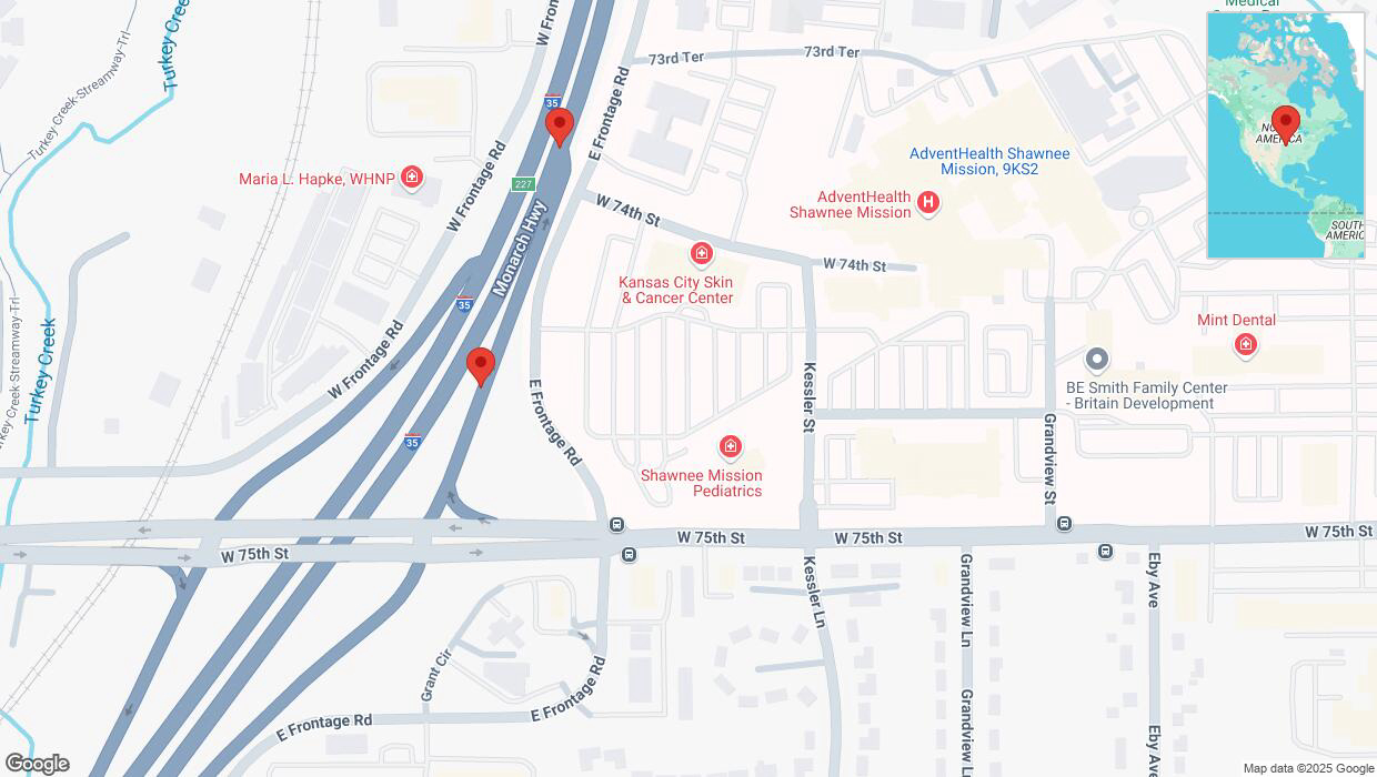 A detailed map that shows the affected road due to 'Broken down vehicle on the Monarch Highway in Merriam' on February 7th at 3:43 p.m.
