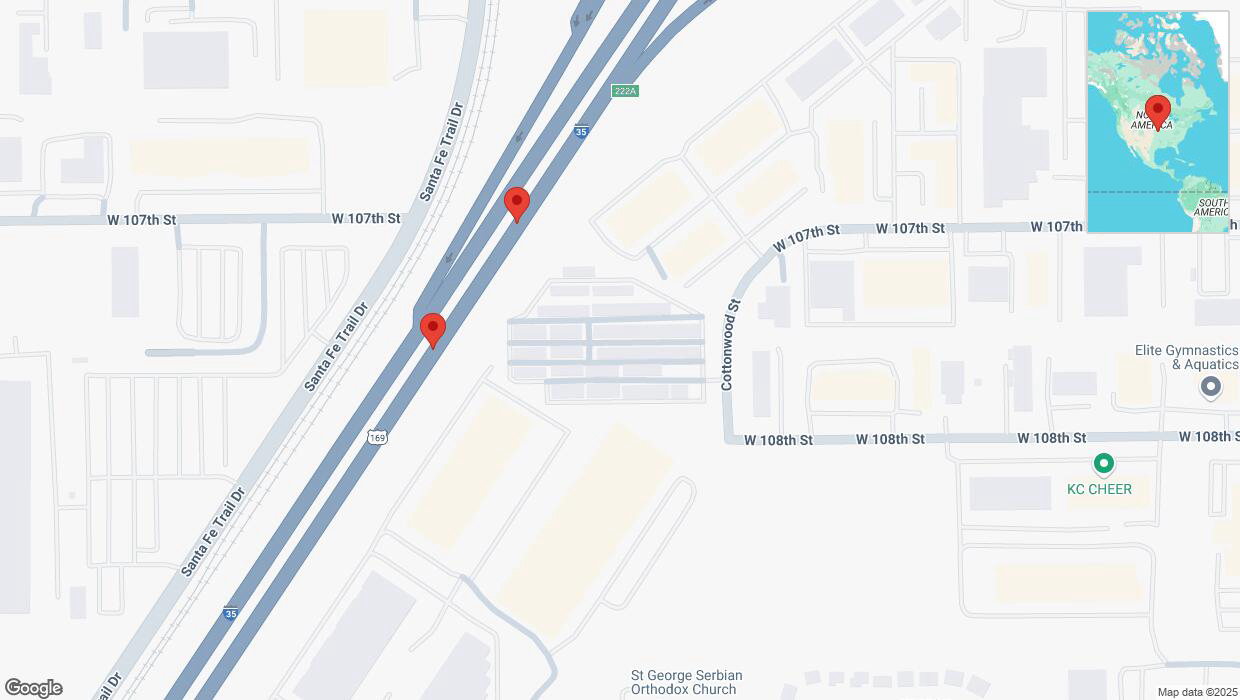A detailed map that shows the affected road due to 'Broken down vehicle on eastbound I-35 in Lenexa' on February 7th at 6:48 p.m.
