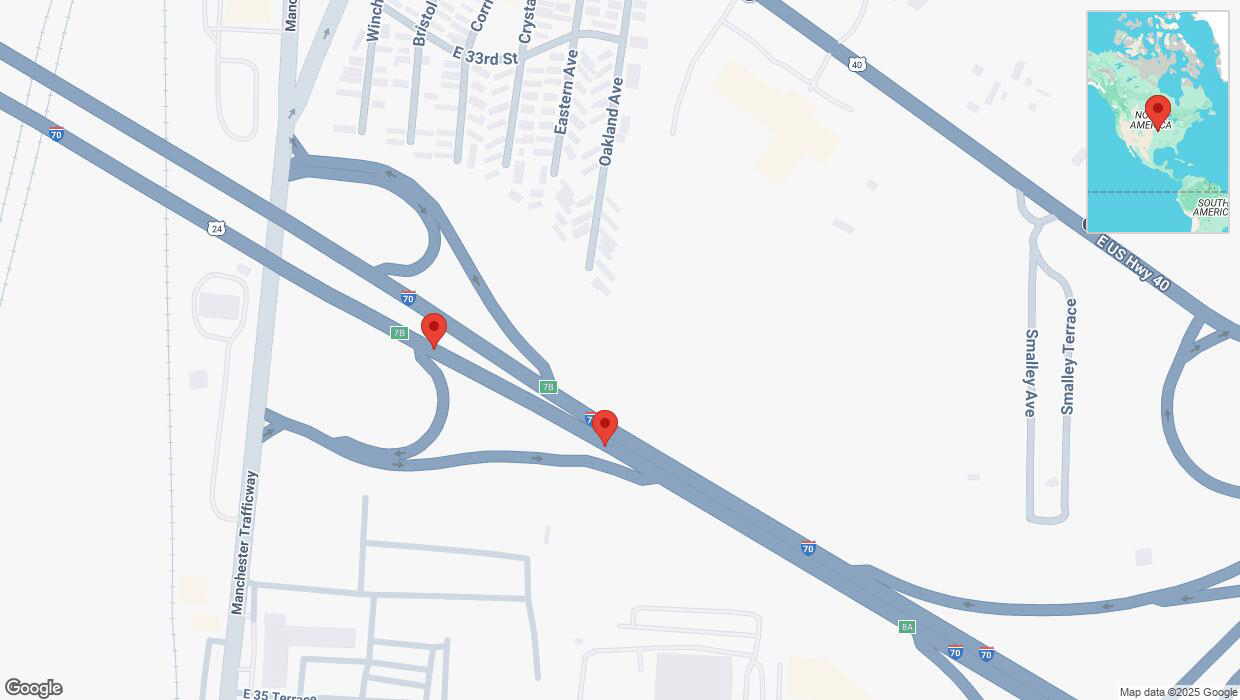 A detailed map that shows the affected road due to 'Broken down vehicle on eastbound I-70 in Kansas City' on February 8th at 1:33 p.m.