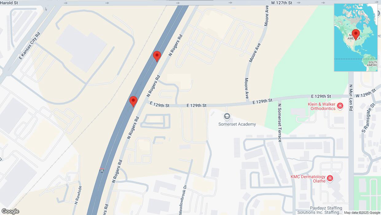 A detailed map that shows the affected road due to 'Broken down vehicle on eastbound I-35 in Olathe' on February 8th at 1:49 p.m.