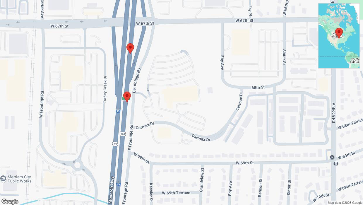 A detailed map that shows the affected road due to 'Broken down vehicle on eastbound I-35 in Merriam' on February 8th at 3:41 p.m.