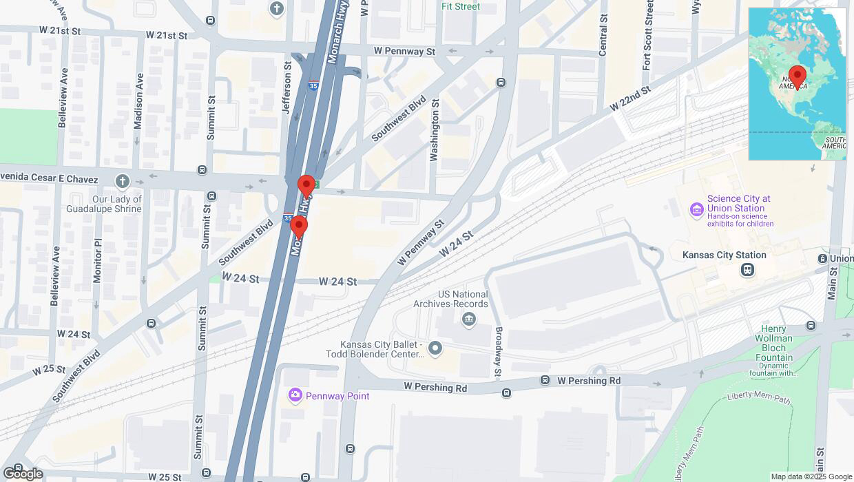 A detailed map that shows the affected road due to 'Broken down vehicle on northbound I-35 in Kansas City' on February 8th at 7:17 p.m.