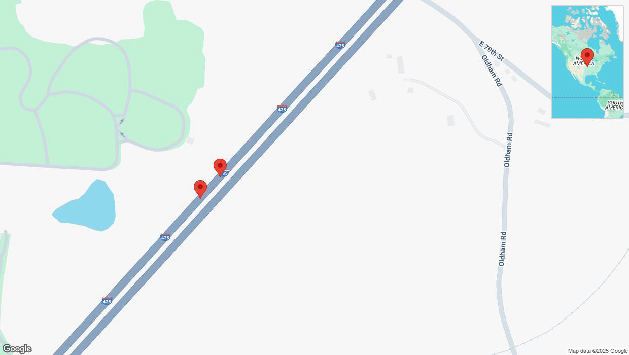 A detailed map that shows the affected road due to 'Broken down vehicle on southbound I-435 in Kansas City' on February 9th at 3:15 p.m.