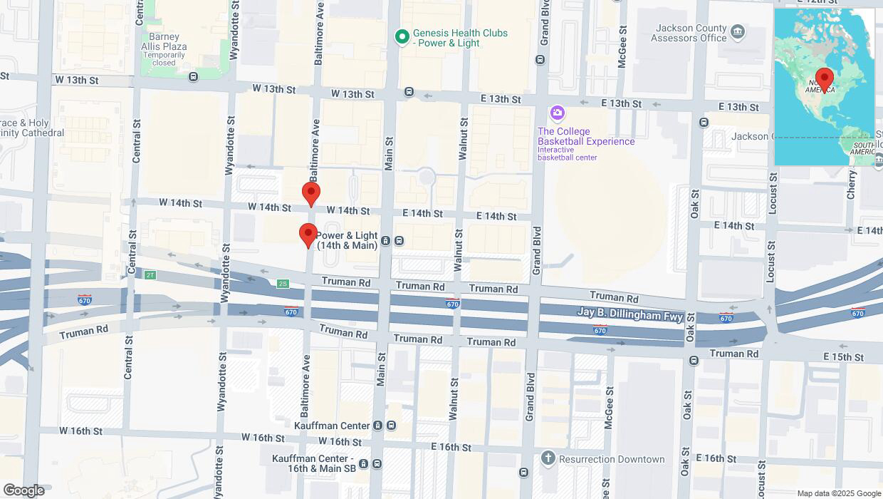 A detailed map that shows the affected road due to 'Baltimore Avenue closed in Kansas City' on February 9th at 3:47 p.m.