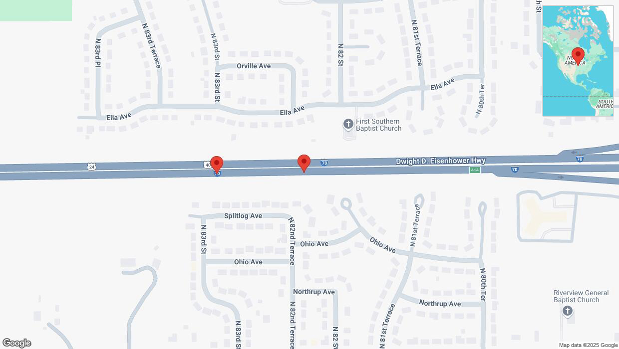 A detailed map that shows the affected road due to 'Broken down vehicle on eastbound I-70 in Kansas City' on February 9th at 4:05 p.m.