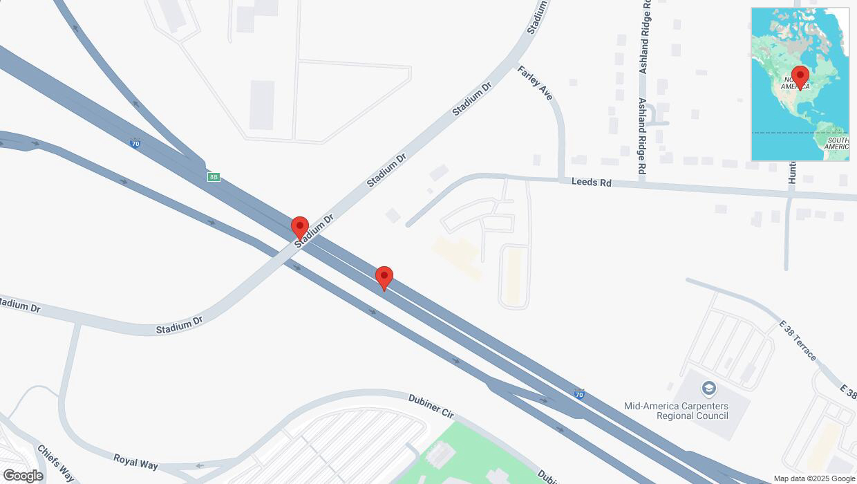 A detailed map that shows the affected road due to 'Broken down vehicle on eastbound I-70 in Kansas City' on February 9th at 4:39 p.m.