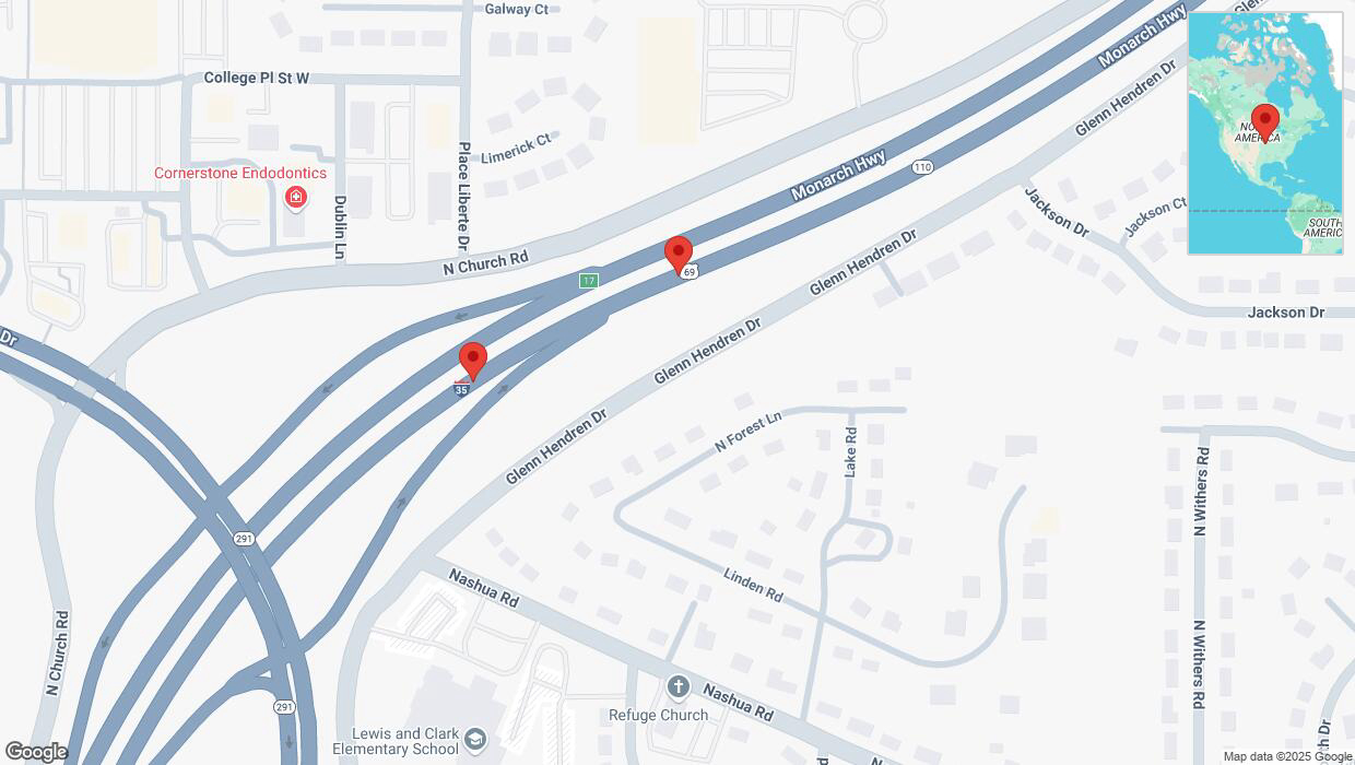 A detailed map that shows the affected road due to 'Broken down vehicle on northbound I-35 in Liberty' on February 9th at 6:14 p.m.