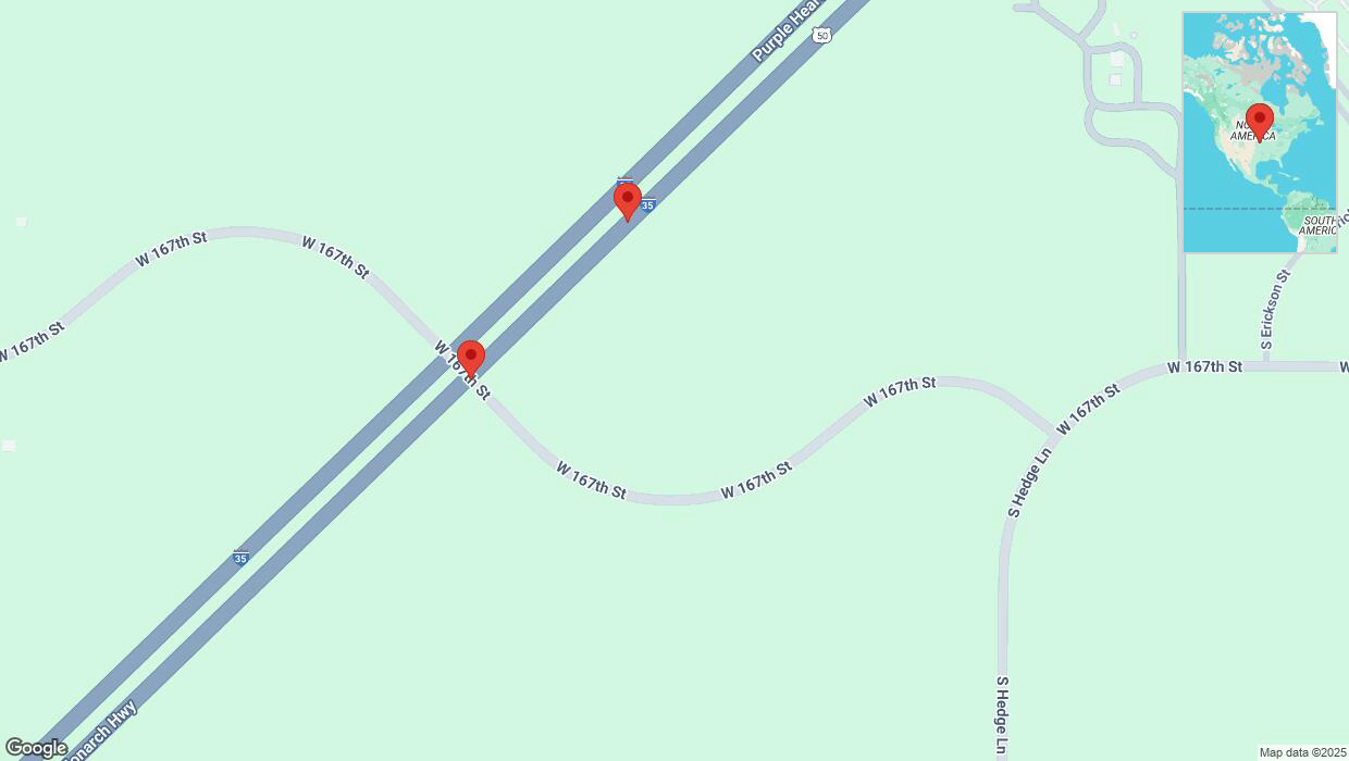A detailed map that shows the affected road due to 'Broken down vehicle on eastbound I-35 in Olathe' on February 10th at 4:22 p.m.