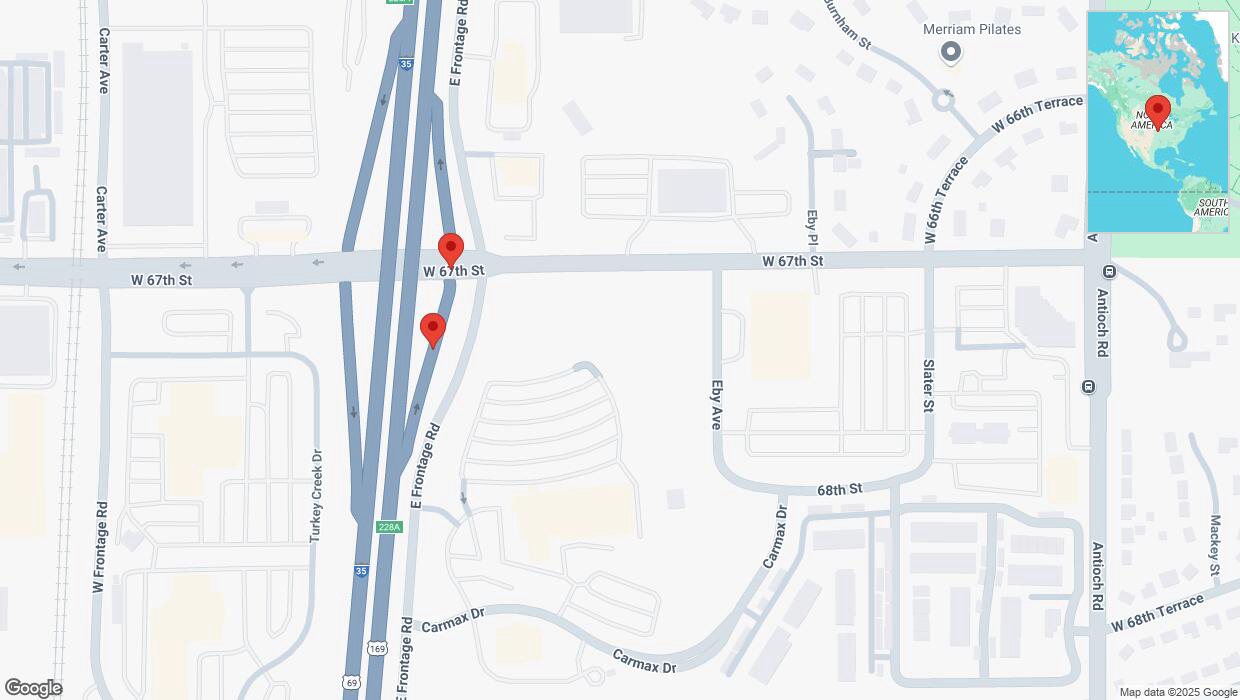 A detailed map that shows the affected road due to 'Broken down vehicle on East Frontage Road in Merriam' on February 10th at 1:33 p.m.