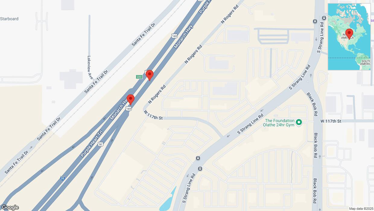 A detailed map that shows the affected road due to 'Broken down vehicle on eastbound I-35 in Olathe' on February 10th at 5:48 p.m.
