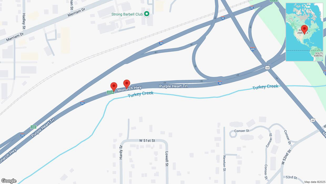 A detailed map that shows the affected road due to 'Broken down vehicle on northbound I-35 in Mission' on February 10th at 6:45 p.m.