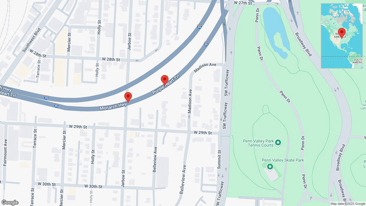 A detailed map that shows the affected road due to 'Broken down vehicle on northbound I-35 in Kansas City' on February 10th at 6:29 p.m.