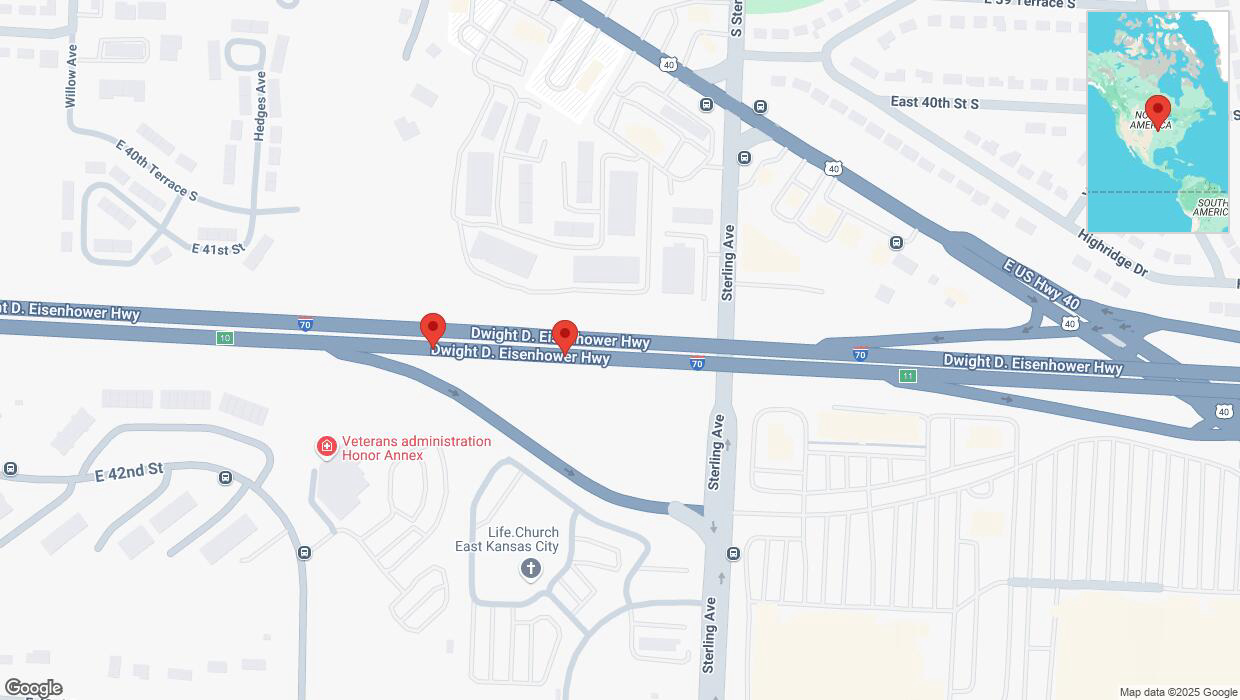 A detailed map that shows the affected road due to 'Broken down vehicle on eastbound I-70 in Kansas City' on February 10th at 7:31 p.m.