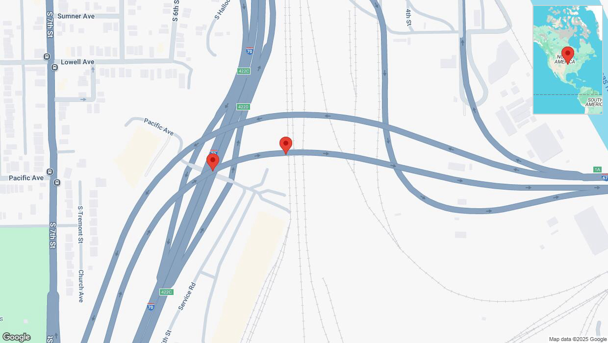 A detailed map that shows the affected road due to 'Broken down vehicle on eastbound I-670 in Kansas City' on February 10th at 8:06 p.m.